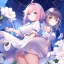 Placeholder: Clear focus,High resolution, Black short fluffy hair, and blue eyes, wearing a light pink short skirt with a white flower pattern near the bottom, Wearing light pink cut sleeves that have white long flaps under it with a flower pattern near the end, wearing a white collar