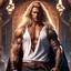 Placeholder: handsome warrior king, muscular, long blonde hair, male age 30, wearing jeans and a white shirt, tan skin, tattoos,photorealistic 4k modern fantasy