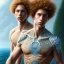 Placeholder: intricate, sharp focus, highly detailed, digital painting, Paul Lewin and Kehinde Wiley, full body image of a beautiful 12 year old boy with long, blonde curly hair and light blue eyes, smiling, shirtless, in front of an distant beach