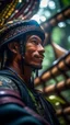 Placeholder: close up portrait of a happy blessed buffalo soldier in a space alien mega structure with stairs and bridges woven into a sacred geometry knitted tapestry hammock over a hill in the middle of lush magic jungle forest, bokeh like f/0.8, tilt-shift lens 8k, high detail, smooth render, down-light, unreal engine, prize winning