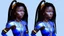Placeholder: She's diminutive, with brown skin, short black dreadlocks hair. She has indigo blue eyes. She has a long blue cape over a white dress.