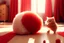 Placeholder: cute fluffy chibi beige cat playing with a giant plush red covid virus in a modern hall on a carpet in sunshine