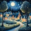 Placeholder: a painting of a night scene with houses and trees, a storybook illustration by Annabel Kidston, shutterstock contest winner, naive art, detailed painting, cityscape, storybook illustration