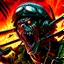 Placeholder: In the style of Heavy metal Magazine, close up of fantastical cursed Zombie World War I (WWI) flying ace with red glowing eyes in cockpit determinedly gripping the airplane yoke, Zombie Red Baron Dogfighter screaming, horror, intricately detailed, complex contrast, dynamic composition; cinematic lighting; meticulously composed concept art, masterpiece, cell-shaded, Zombiecore