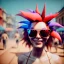 Placeholder: Ultra Realistic photo, medium shot view, drunken dancer bikini woman, carnival scene, monster hair, steampunk. Red hair, confeti, Sunglasses, smile, happy, festival. ovni, alien, gradient color fog. highly detailed, concept art, unreal engine 5, ray tracing, RTX, lumen lighting, ultra detail, volumetric lighting, 3d, finely drawn, high definition, high resolution.