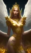 Placeholder: Female angel with beautiful perfect face big wings and golden crown floating above the ground in the dark enviroment, anatomically correct, michelangelo style, detailed, world of warcraft style, dark forest, trees, painting, brush strokes, 8k, dark forest in the background, epic scene, epic painting