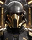 Placeholder: star wars bald male corellian pilot wearing pearlescent black and gunmetal grey First Order special forces heavy assault stealth commando armor and helmet with gold trim inside the jedi temple, hyperdetailed, dynamic lighting, hyperdetailed background, 8k resolution, volumetric lighting, light skin, fully symmetric details