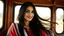 Placeholder: Hyper Realistic Photographic Close View Of A Beautiful Pakistani Pashto Young Woman Sitting Inside A Traditionally Crafted Pakistani Buss And Looking Outside From That Pakistani Buss's Window, Woman Is Smiling, Have Beautiful Eyes & Beautiful Long Black Hair Whirling From Outside Window (Wearing Red Dress With Maroon Embroidery & White Dupatta) At Beautiful Sunny Day Showing Dramatic And Cinematic Ambiance.