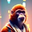 Placeholder: A beautiful portrait of a cyberpunk monkey facing camera orange color scheme, high key lighting, volumetric light high details with white stripes and feathers unreal 5, octane render, cinema4d, dynamic lighting, dramatic lighting, 4k, redshift render, highly detailed, hyper realistic