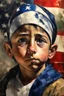 Placeholder: an expressive painting of a Arabic boy painting, with American flag in the background, we might see a companion with features of absolute strength and determination, blended with warmth and deep faith. Perhaps his face expresses wisdom and courage, with eyes radiating confidence and faith.