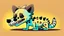 Placeholder: Cute chibi-style hyena dog, eating a big bony skeleton, cartoony, colorful, exaggerated, simplified, adorable