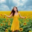 Placeholder: woman standing in sunflower field, back, wind, long brown hair, yellow dress