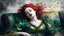 Placeholder: mixed media, multiple exposure, old worn torn plain canvas, grunge, layered, embossed, fine art luminous soft watercolor, glitter, mid-ground, luminosity, highlights, gold fragments, light effects, dark grey-green fragments, dot technique, portrait of Victorian Gothic woman on SOFA, Red hair, light Red lips, fluffiness, wind, airy dark GREEN flowing dress, Fur, swirls, layered, blending, textured, 3D, 8K, best quality, fine rendering, high detail, hyperrealism, high resolution, high definition,