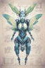 Placeholder: Hand drawn technical illustration , with detailed blueprints and engineering schematics of a robotic hybrid walking leaf insect girl, with highly detailed facial features, drawings, and technical notation, 8k, vibrant natural colors