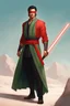 Placeholder: Red Blindfold, Male Tan Human, Extremly Long Black Hair, Peaceful body pose, Red Fancy Lightsaber With a Crossgaurd.