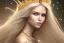 Placeholder: smiling, beautiful, soft,smiling, straight and long blonde hair, dewy and shiny atmosphere, diamond crown, long fairy wings in the back, full head, curly hair, golden veil clothes