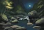 Placeholder: Night, rocks, river, mountains, japanese manga style, ferdinand georg waldmuller, and friedrich eckenflder impressionism paintings