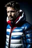 Placeholder: Man's blue white and red puffer coat