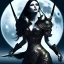 Placeholder: black hair lady warrior top with blade under the Moon