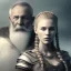 Placeholder: Viking theme, a younger woman sitting next to a 50-year-old man, portrait, 8K, close-up face, anatomically perfect face, Highly detailed stunning full frame portrait, misty and cloudy atmosphere