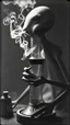 Placeholder: Get An old picture style of black and white mono very bad quality looks very old camera picture of an alien smoking weed from a bong , year 1900