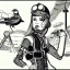 Placeholder: great illustrator, spanish, pencil sketch of a cute girl, beautiful, steampunk syle, black and white. Helmet with tubes. Sun glasses. Machinery in the background. robotic bird flying. High details.