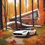 Placeholder: Cozy forest retreat, futuristic modern house in an autumn forest of vibrant colors. Contemporary design with clean lines and large windows, which radiate a feeling of warmth and comfort. A white car parked on the winding driveway leading to the house adds a touch of modernity to the rustic surroundings. The path is dotted with fallen leaves. Around the house, dense mix of green, orange and yellow foliage. 8k