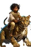 Placeholder: Eleven-year-old mulatto male sorcerer, with wavy black hair tied in a braid, hazel eyes, riding on the back of a giant furry leopard cat