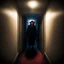 Placeholder: A demonic figure standing in a dim apartment corridor, seen through a door peephole. Circular fisheye lens distortion, dark vignette around the edges, warped perspective. The demon has elongated limbs, shadowed features, glowing dim red eyes, subtle smoke-like aura rising from its body. Flickering hallway lights cast long shadows. Ominous, cinematic atmosphere, high detail, moody lighting