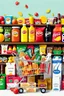 Placeholder: A design filled with various fruit juices, various chips, various types of Fanta, Coca-Cola, Sprite, various famous chocolates, a full shopping cart, packaged cheeses, butter, and pasteurized milk, in cheerful, vibrant, and eye-catching colors.