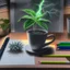 Placeholder: A High resolution photograph with soft lightning, of a a4 size drawing on a table next to two colored pencils. A green plant in a pot in the left top corner, a cup of coffee in the right top corner.