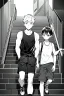 Placeholder: a boy in shorts sleeveless shirt climbs the stairs, greyscale