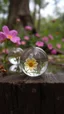 Placeholder: Crystal balls reflection of a wood and flowers