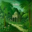 Placeholder: A green ruins in a jungle with jade crystals painted by Henri Rousseau