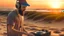 Placeholder: short beard man with cap, DJ play records ,at beach, dunes background, full body, sunset