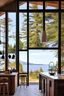 Placeholder: Intérieur cuisine avec bar dans Maison montagne design bois et béton devant baie en verre avec vue sur un lac Lumière soleil couchant