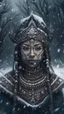Placeholder: DamShelma's art capturing an awe-inspiring lady donning traditional African voodoo mask, encircled by a mystical snowfall in wintertime, snowy backdrop, voodoo mask intricate patterns, cold climate, heavy snowflakes drifting down, masked face mystery and enchantment, magic realism style, snowy landscape, winter chill, ethereal beauty, contrasting elements- tropical mask, frosty environment, enhanced detail, vivid colors, eerie allure, digitally rendered, aesthetics of intrigue