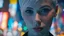 Placeholder: portrait of human android Anita, 25 years old female, short white hair, neat hairstyle tied back, white albino skin, shiny neon blue eyes, big eyes, very many freckles on her face, with a blue blure glowing tattoo on her neck: , nice, kind and friendly face, blur background with white-blue neon lights