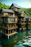 Placeholder: fantasy eleven wooden houses floating on water in the world overrun by nature