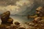 Placeholder: Cloudy day, lake, rocks, begginer's landscape, 2000's sci-fi movies influence, friedrich eckenfelder, and willem maris impressionism paintings