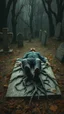 Placeholder: Bosch painting style nightmare, a man with legs looks like tree roots , laying down on flat stone , in a graveyard , dramatic sad scene, fantasy,