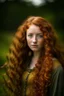 Placeholder: portrait of a beautiful 25 year old highlander woman with long reddish curly hair, curvy body, earthbound, warm-hearted, leader, goddess-like