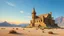 Placeholder: Highly detailed abandoned castle in the middle of a sandy desert, realistic painting, long shot, by Thomas Moran and Frederic Edwin Church, clear blue sky with hints of orange from the setting sun, intricate details of the castle's architecture and surrounding landscape.