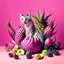 Placeholder: A cat surrounded by dragon fruits on a light background for removal