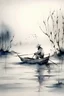 Placeholder: A lonely fisherman afloat is fishing snow in lonely boat.Ink and wash painting