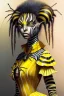 Placeholder: Artist Jean-Baptiste Monge style. A humanoid biomorph Zebra-Spider faced woman. Yellow eyes. A yellow striped ress, covered with spider legs.