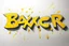 Placeholder: a drawing with sketch lead pencil, The word "BAXER" in yellow floating like a big sign, strong painting, strong expression, BAXER!, BAXER!
