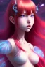 Placeholder: dramatic close-up portrait hologram in the realistic anime style of Mophea Fiverr, a beautiful red haired anime girl , suspended in mid-air within a mesmerizing display of a gallery, dramatic, dark and emo, mesmerizing and striking