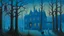 Placeholder: A blue haunted mansion with ghosts painted by Georges Seurat