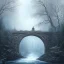 Placeholder: fantasy art, book illustration, raven on stairs of a bridge to old mill ,icy water, on the bridge is a wolf,seen from the tree tops